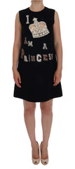Women's Black I Am A Princess Crystal Shift Dress Wool