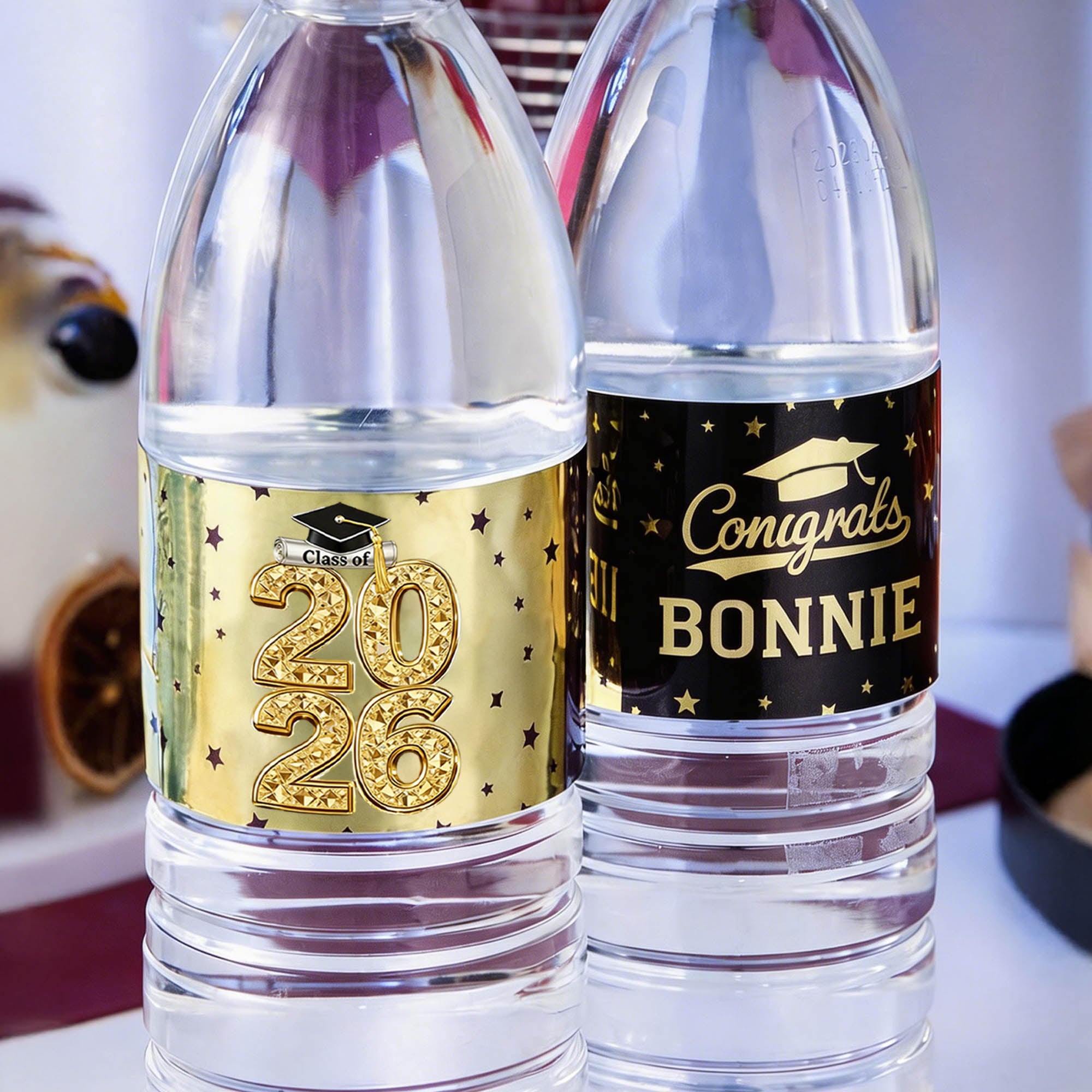 Juego de 20 etiquetas adhesivas para botellas de agua personalizadas con el nombre y el año de la graduación.