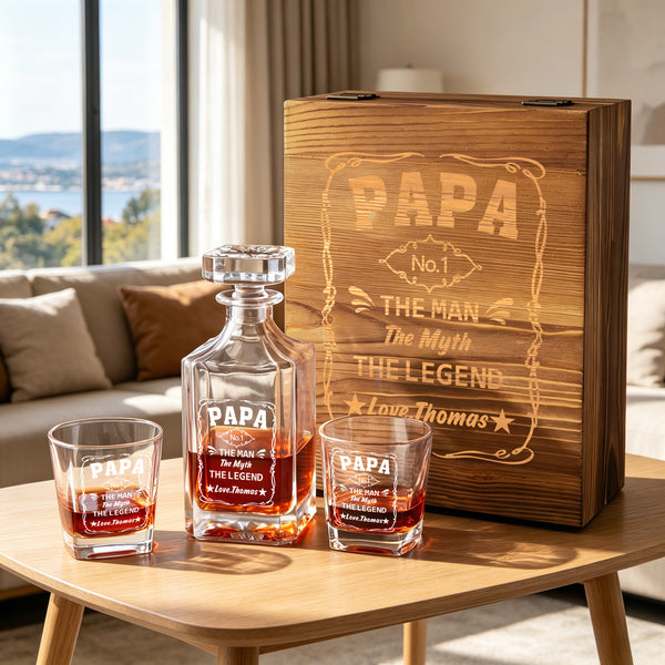 Decantador de Whisky Personalizado con Título y Nombre en Caja de Madera y 2 Copas Regalo de Cumpleaños para Papá Bartender Amante del Whisky