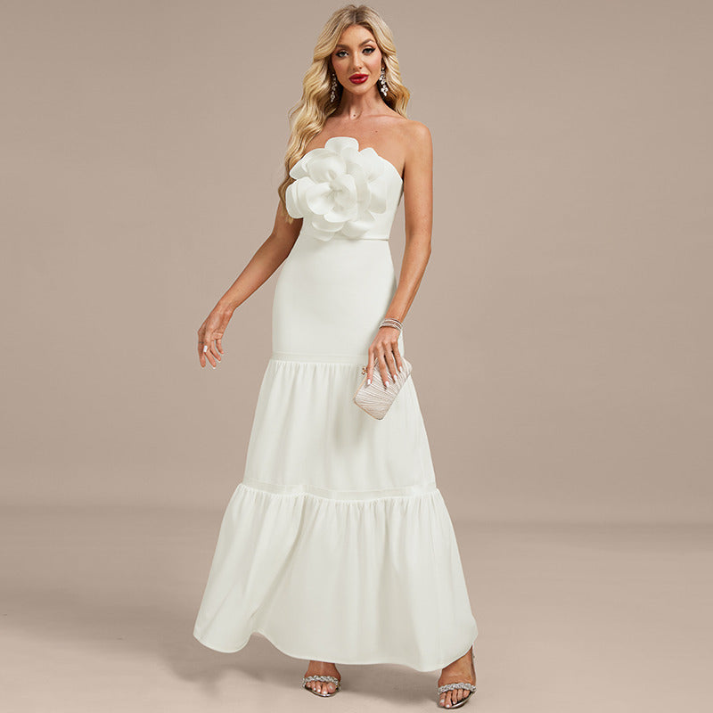Bridal Wedding Dress White Strapless Long Straight A-line Stretch Crepe
