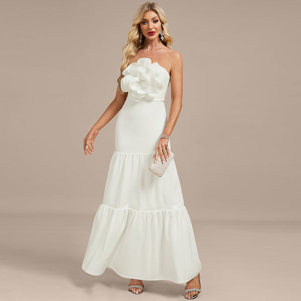 Bridal Wedding Dress White Strapless Long Straight A-line Stretch Crepe