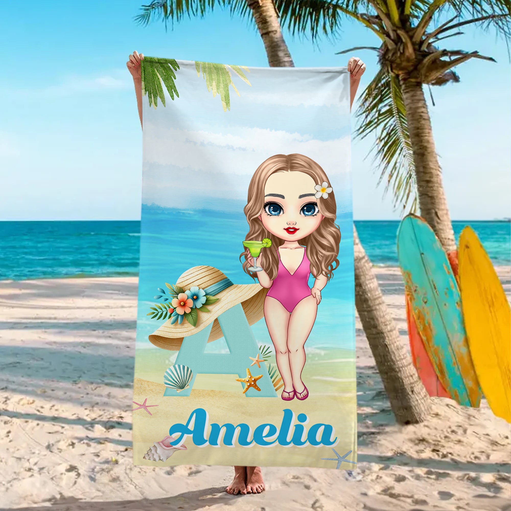 Toalla de playa sobredimensionada de secado rápido personalizada con personaje de dibujos animados, nombre e inicial de sombrero de paja Regalo de verano para familiares y amigos