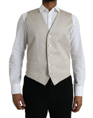 Men's Off White Cotton Waistcoat Dress Formal Vest Silk Polyester