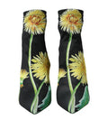 Women's Black Floral Jersey Stretch Ankle Boots Shoes Fabric