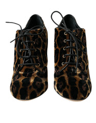Women's Brown Leopard Hair Lace Up Booties Shoes Viscose Leather