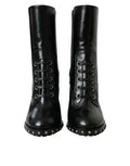 Women's Black Leather Studded Lace Up Boots Shoes