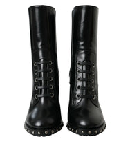 Women's Black Leather Studded Lace Up Boots Shoes