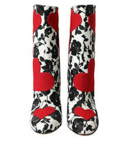 Women's White Floral Hearts Leather High Boots Shoes Black And