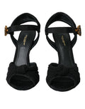 Women's Black Suede Embellished Heels Sandals Shoes Cotton Elastane Viscose