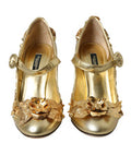 Women's Gold Leather Crystal Mary Janes Pumps Shoes