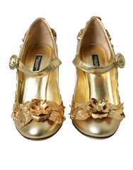 Women's Gold Leather Crystal Mary Janes Pumps Shoes