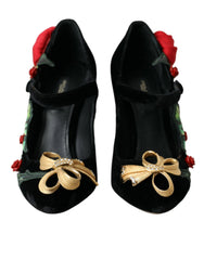 Women's Black Roses Crystal Brooch Mary Jane Shoes Se+vi
