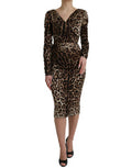 Women's Brown Leopard Print Bodycon V-Neck Midi Dress Silk Elastane
