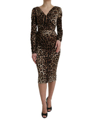 Women's Brown Leopard Print Bodycon V-Neck Midi Dress Silk Elastane