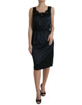 Women's Black Polyester Lace Trim Sheath Midi Dress Elastane