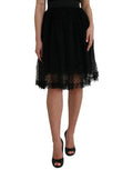 Women's Black Nylon Lace Trim High Waist A-Line Skirt Cotton Viscose