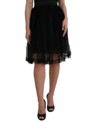 Women's Black Nylon Lace Trim High Waist A-Line Skirt Cotton Viscose