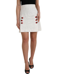 Women's White Floral Brocade Embellished Mini Skirt Cotton