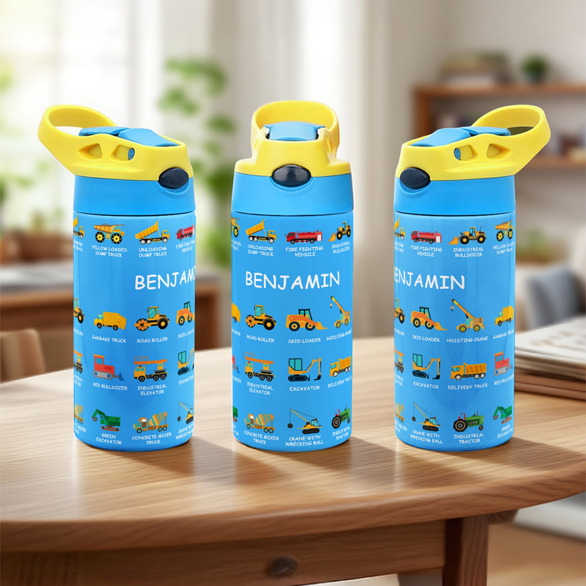 Botella de agua isotérmica con pajita y tapa antiderrame personalizada con el nombre del camión de la construcción 12 oz Regalo de cumpleaños y Navidad para niños