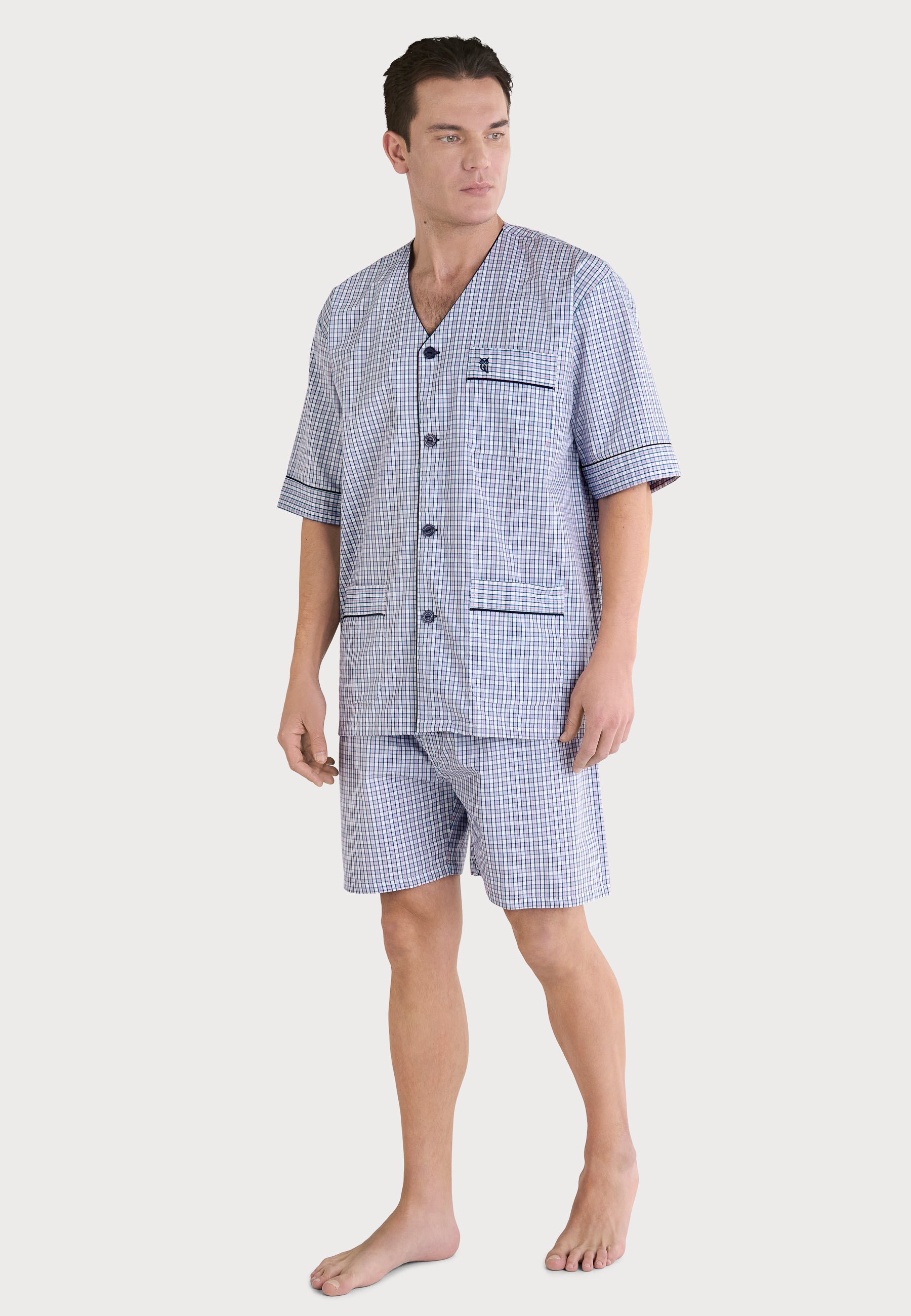 Pijama Hombre Verano Corto Judo Popelín Cuadros - Blanco 4552_01