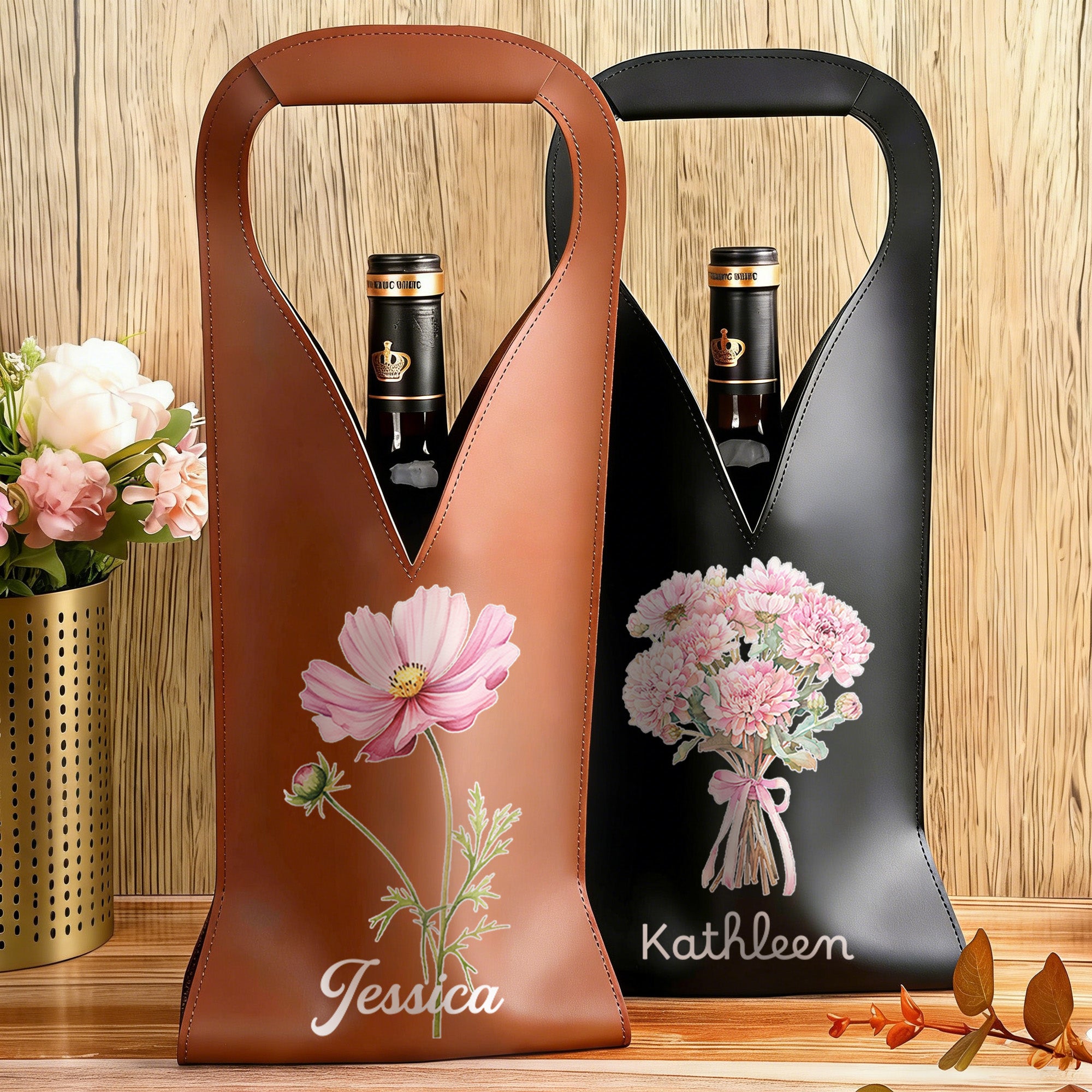 Personalizada Nacimiento Flor Ramo Guirnalda PU Cuero Protector Vino Bolsa con Inicial y Nombre Día de la Madre Cumpleaños Aniversario Regalo para los amantes del vino
