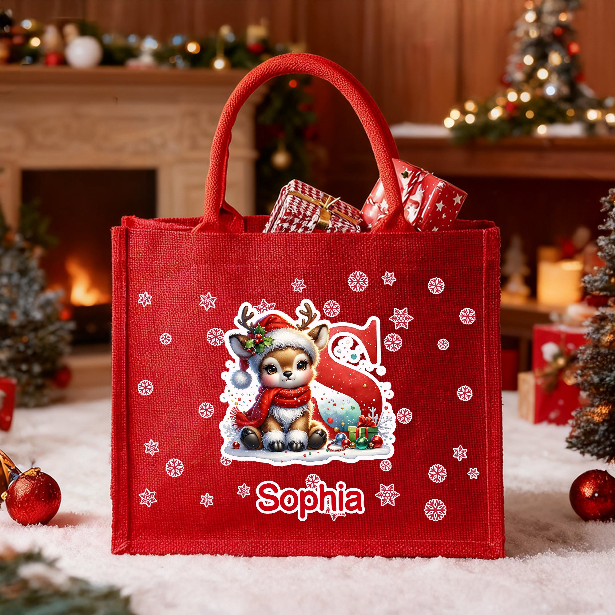 Personalizado Lindo Reno de Navidad de dibujos animados Inicial Bolsa de yute roja con nombre Uso diario Regalo de Navidad para niños Familia