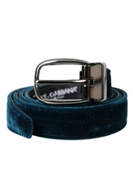 Men's Blue Velvet Leather Silver Metal Buckle Belt