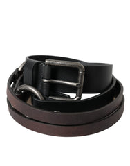 Men's Black Brown Leather Silver Metal Buckle Belt And