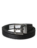 Men's Black Jacquard Stripes Silver Metal Buckle Belt Leather