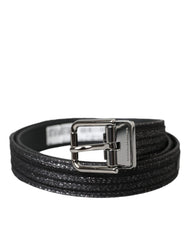Men's Black Jacquard Stripes Silver Metal Buckle Belt Leather