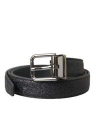 Women's Black Glittered Leather Silver Buckle Belt