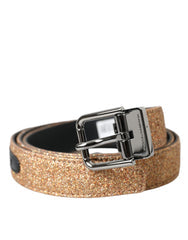 Women's Gold Glitter Leather Silver Metal Buckle Belt
