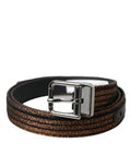Women's Gold Jacquard Stripes Silver Metal Buckle Belt Leather