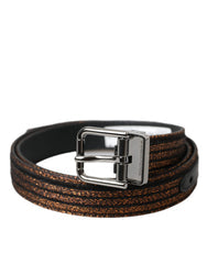 Women's Gold Jacquard Stripes Silver Metal Buckle Belt Leather