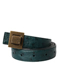 Women's Dark Green Leather Square Metal Buckle Belt