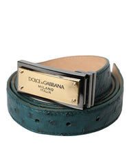 Women's Green Leather Gold Logo Engraved Buckle Belt