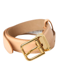 Women's Beige Calfskin Leather Gold Metal Buckle Belt Calf