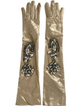 Women's Beige Satin Crystal Elbow Length Gloves Nylon Elastane