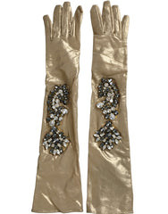 Women's Beige Satin Crystal Elbow Length Gloves Nylon Elastane