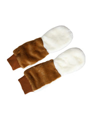 Women's Brown White Acrylic Knitted Fur Mitten Gloves Polyester