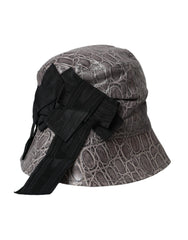 Women's Black Gray Patterned Leather Bucket Hat And Cotton Viscose