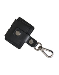 Women's Black Plain Leather Silver Metal Airpods Case Accessory
