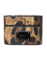 Women's Brown Leopard Calf Leather Metal Logo Plaque Airpods Case Accessory