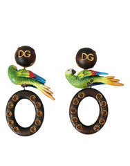 Women's Multicolor Parrot Wood Brass Crystal Embellished Earrings Resin Real Glass