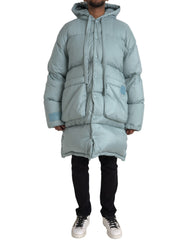 Light Blue Quilted Hooded Puffer Jacket Men Nylon Clothing