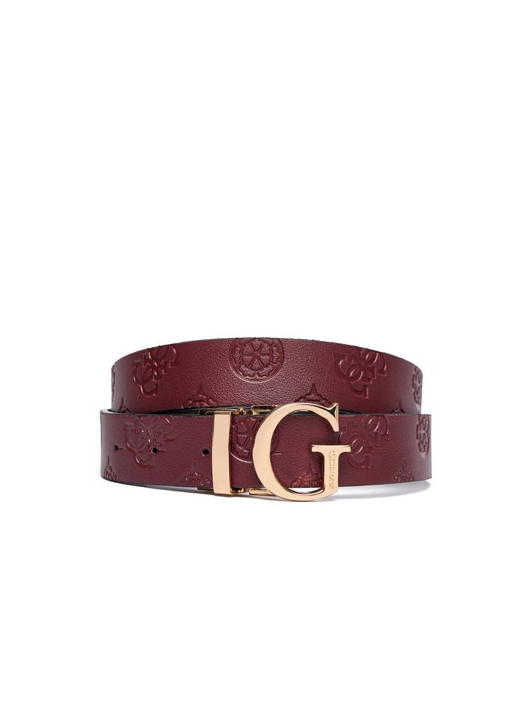 Guess Logo Buckle Embossed Belt — Burgundy
