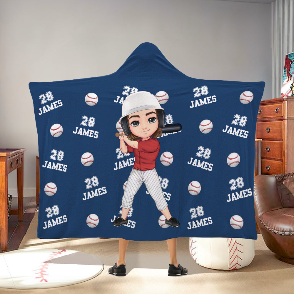 Manta suave con capucha personalizada de pelotas de dibujos animados con nombre y número Regalo de cumpleaños de equipo para los amantes del deporte