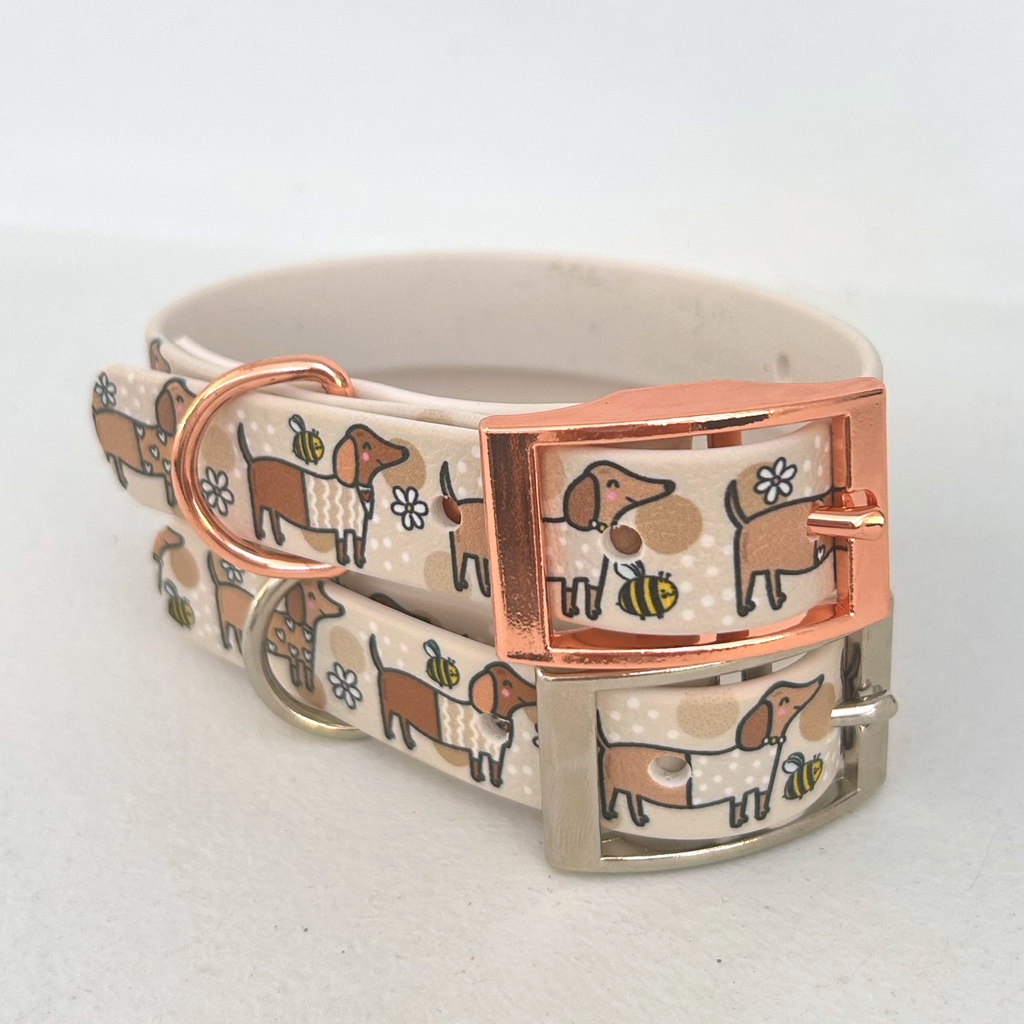 Bee Happy Dachshunds Beige Handmade Dog Collar