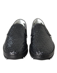 Black Woven Buffalo Leather Men Loafers Shoes Calfskin
