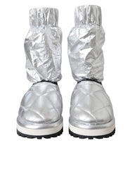 Women's Metallic Silver Quilted Logo Patch Boot Shoes Nylon Viscose